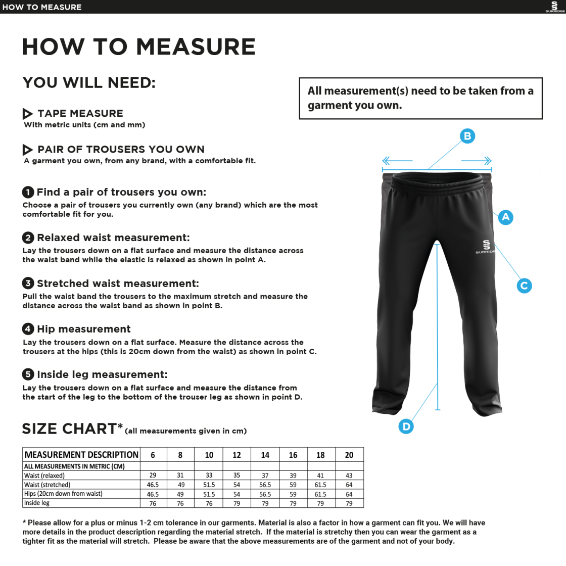 Rockcliffe CC - Women's Ripstop Track Pant - Size Guide
