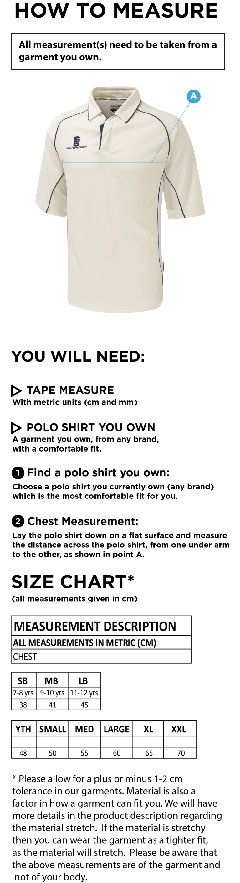 Rockcliffe CC - Premier 3/4 Sleeve White Trim Shirt - Size Guide