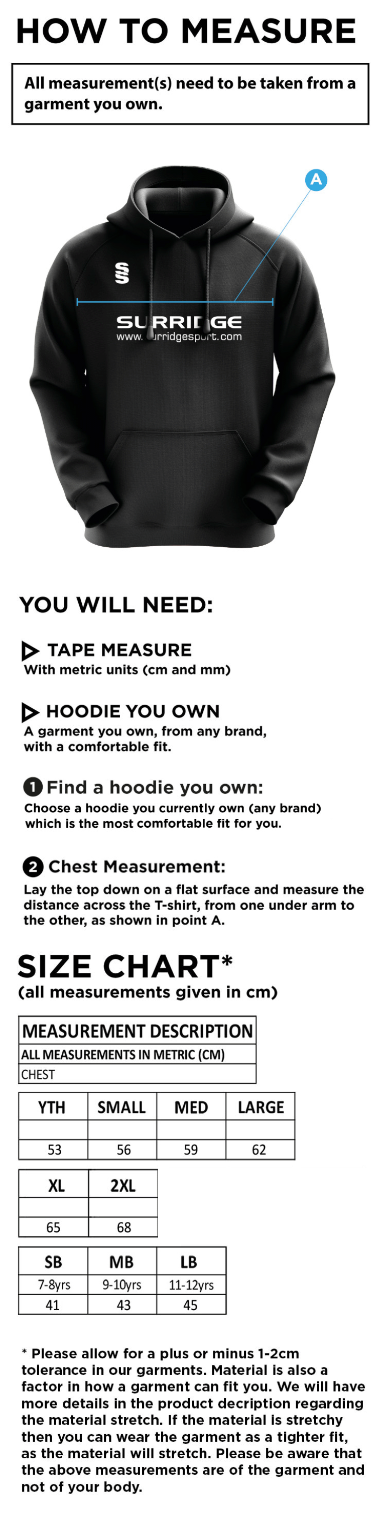 Rockcliffe CC - Blade Hoody - Size Guide