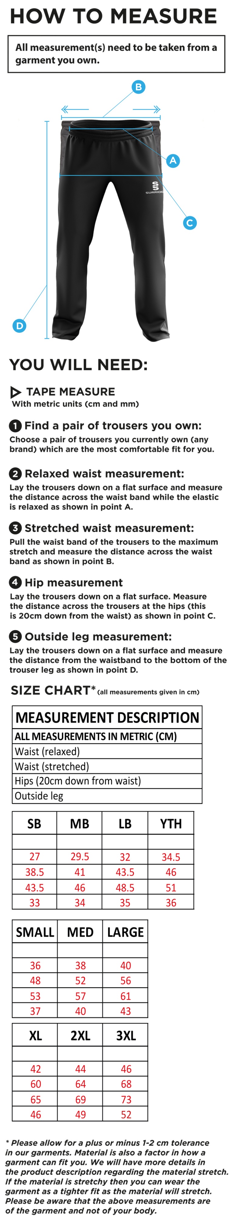 Rockcliffe CC - Ripstop Track Pant - Size Guide