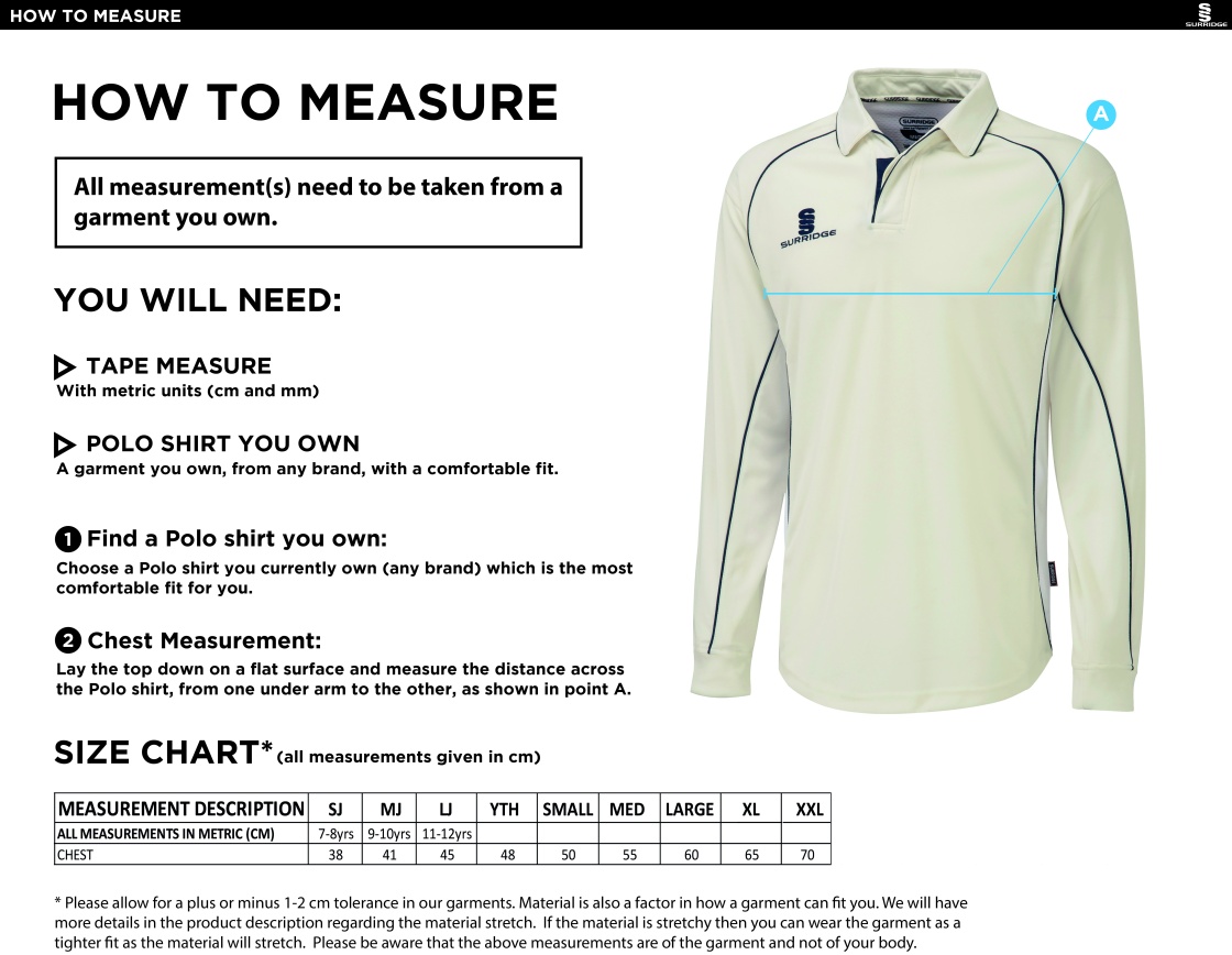Rockcliffe CC - Premier Long Sleeve White Trim Shirt - Size Guide
