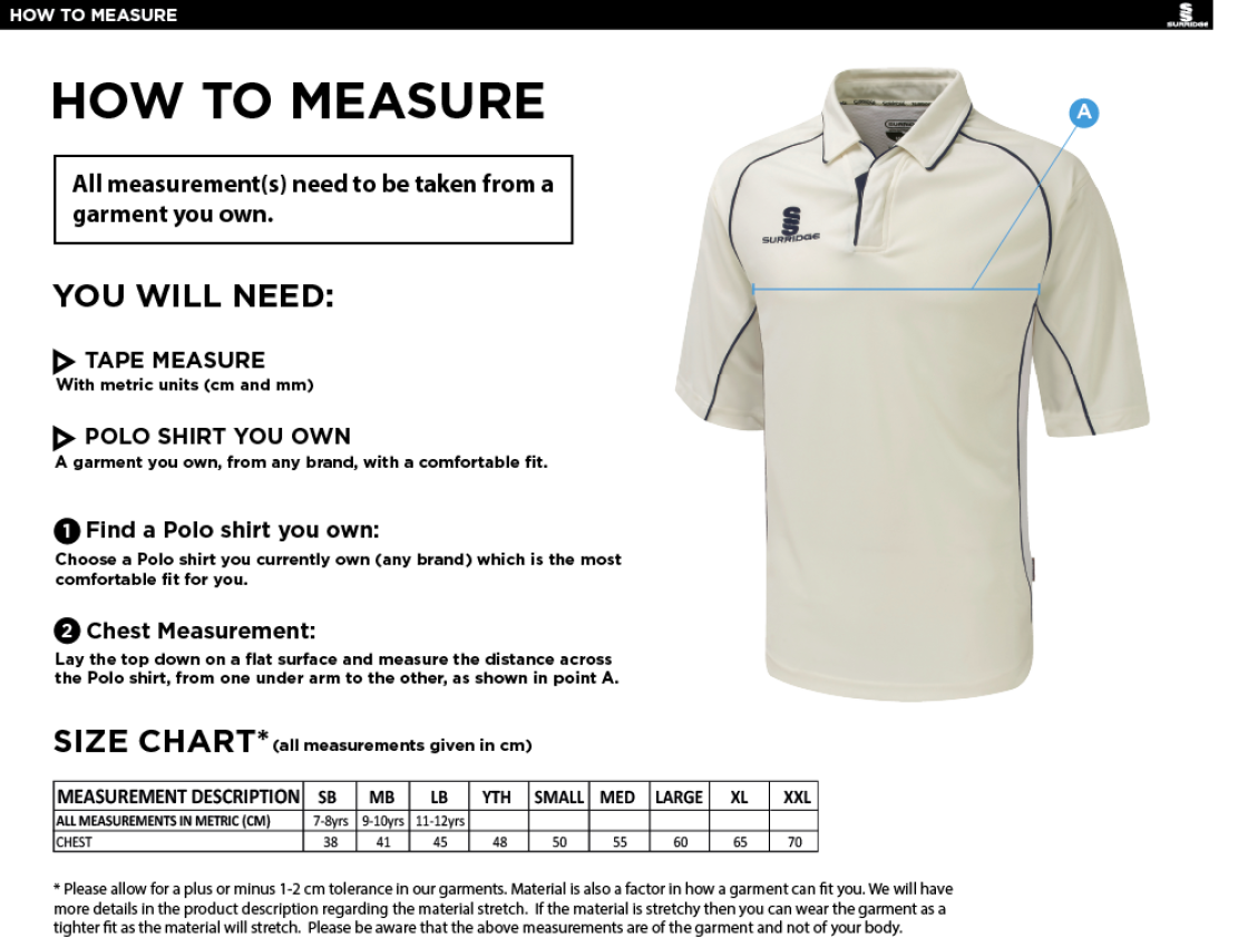 Rockcliffe CC - Premier 3/4 Sleeve White Trim Shirt - Size Guide