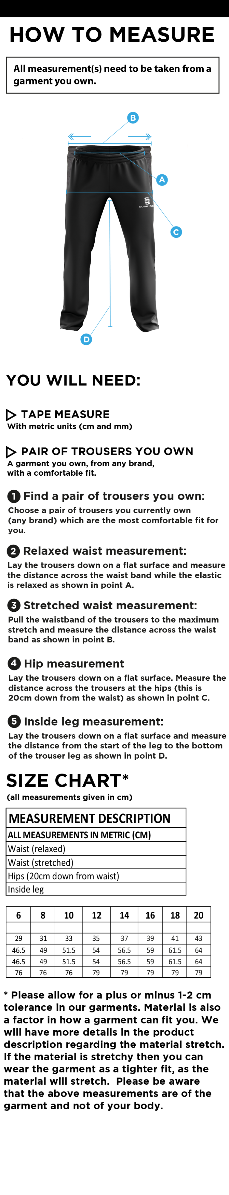 Rockcliffe CC - Women's Ripstop Track Pant - Size Guide