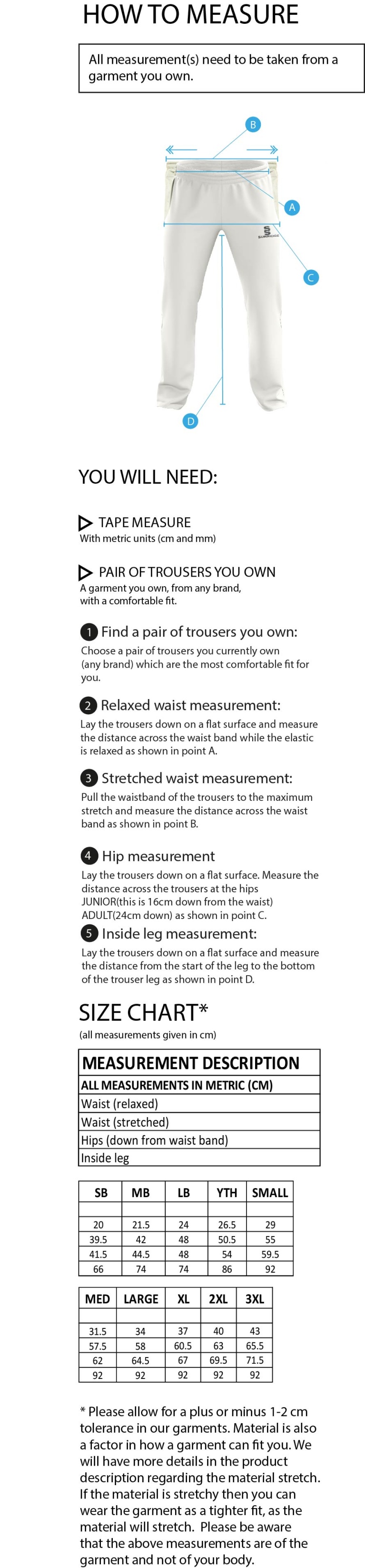 Rockcliffe CC - Standard Playing Pant - Size Guide