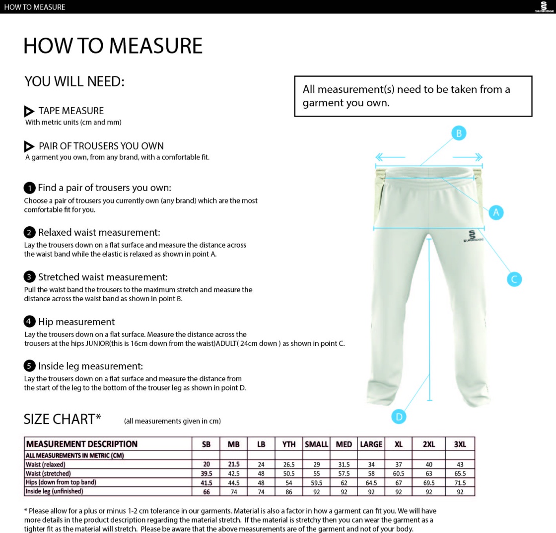 Rockcliffe CC - Standard Playing Pant - Size Guide