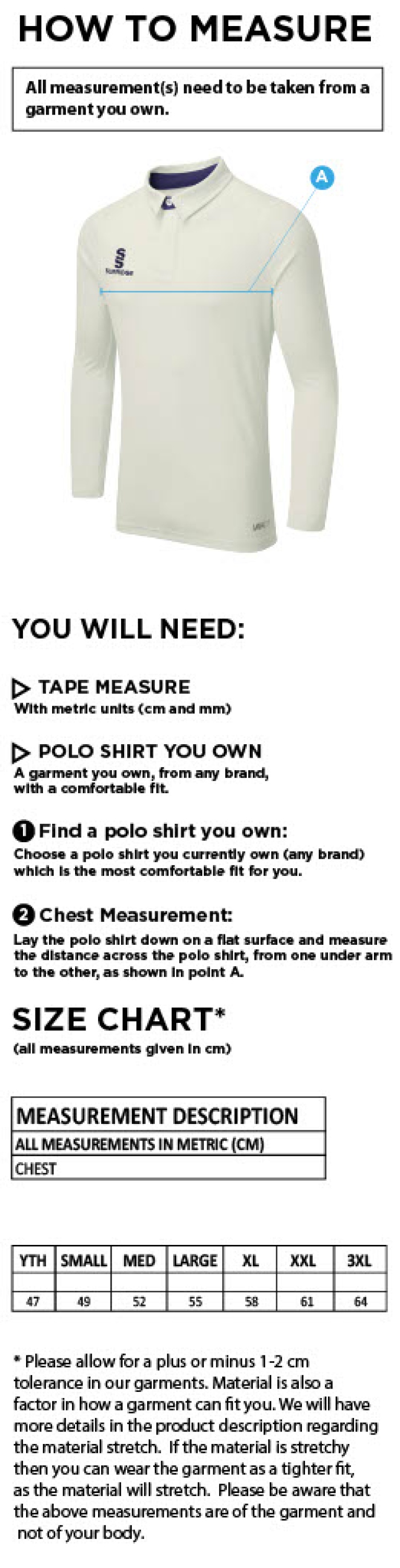 Rockcliffe CC - Ergo Long Sleeve White Trim Shirt - Size Guide