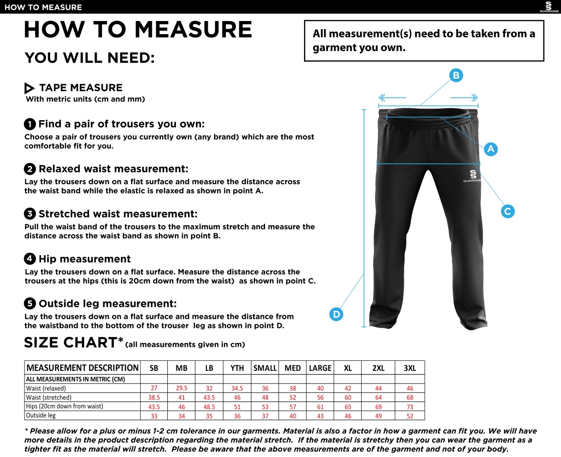 Rockcliffe CC - Ripstop Track Pant - Size Guide