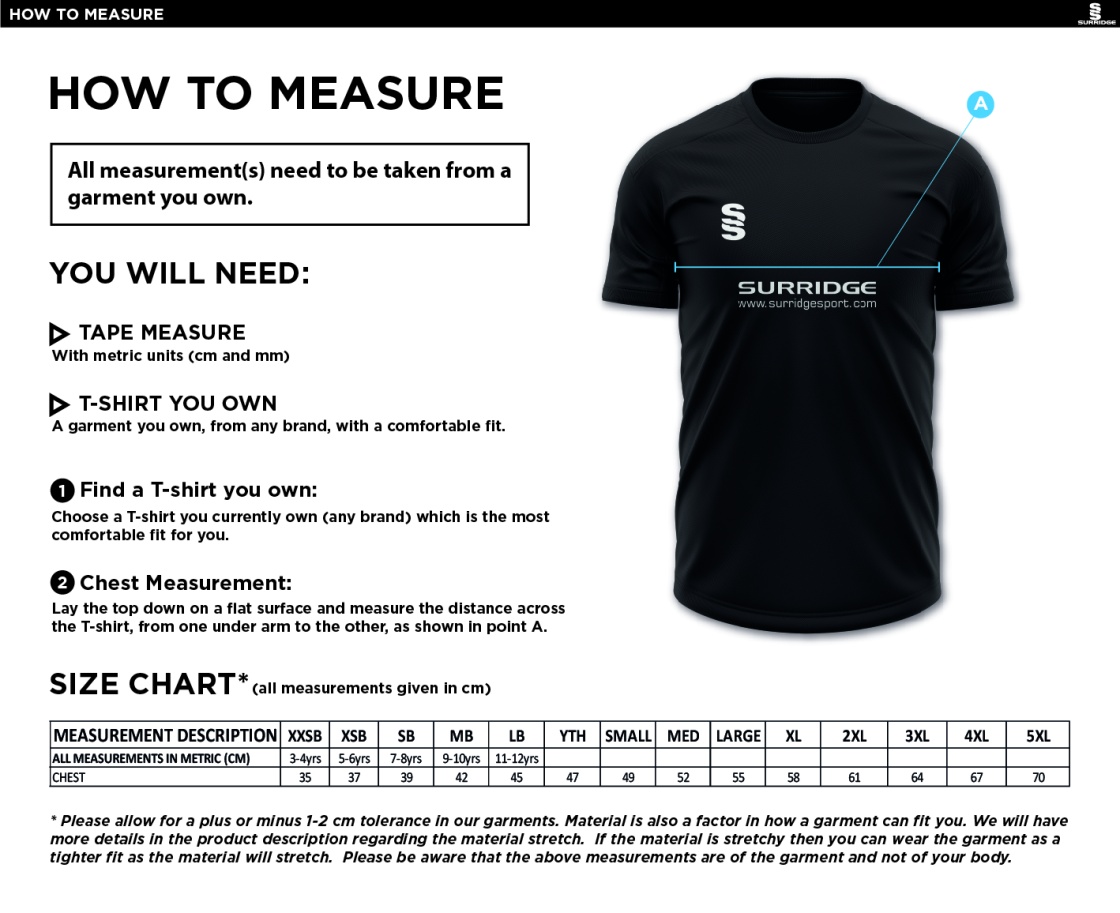 Rockcliffe CC - Blade Training Shirt - Size Guide