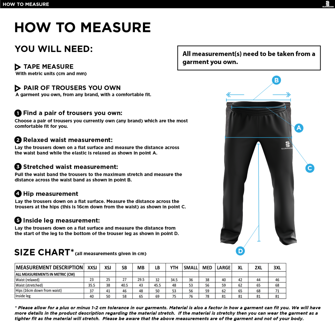 Rockcliffe CC - Poplin Track Pant - Size Guide