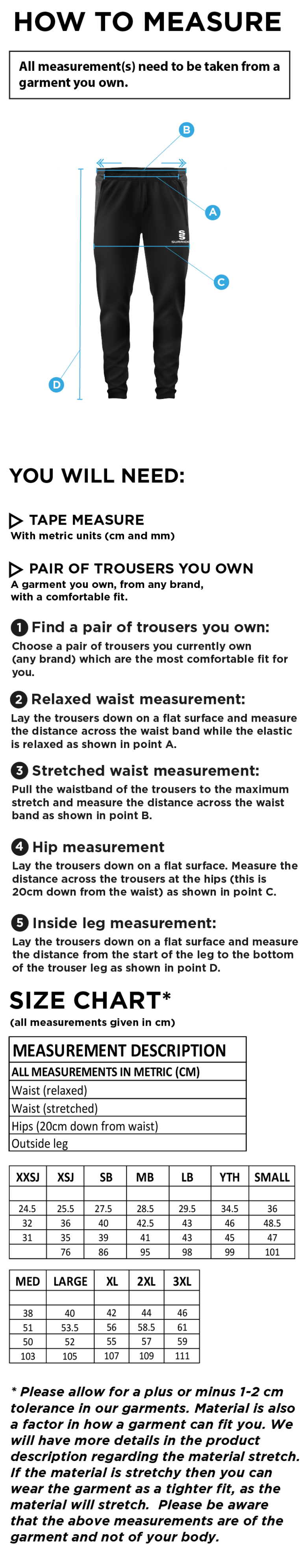 Rockcliffe CC - Tek Slim Training Pants - Size Guide