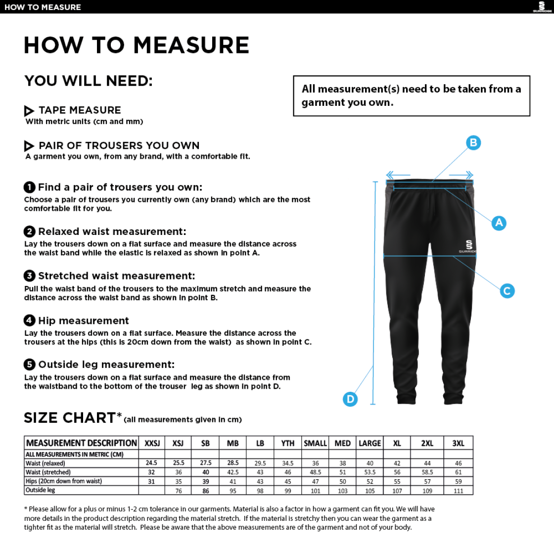 Rockcliffe CC - Tek Slim Training Pants - Size Guide