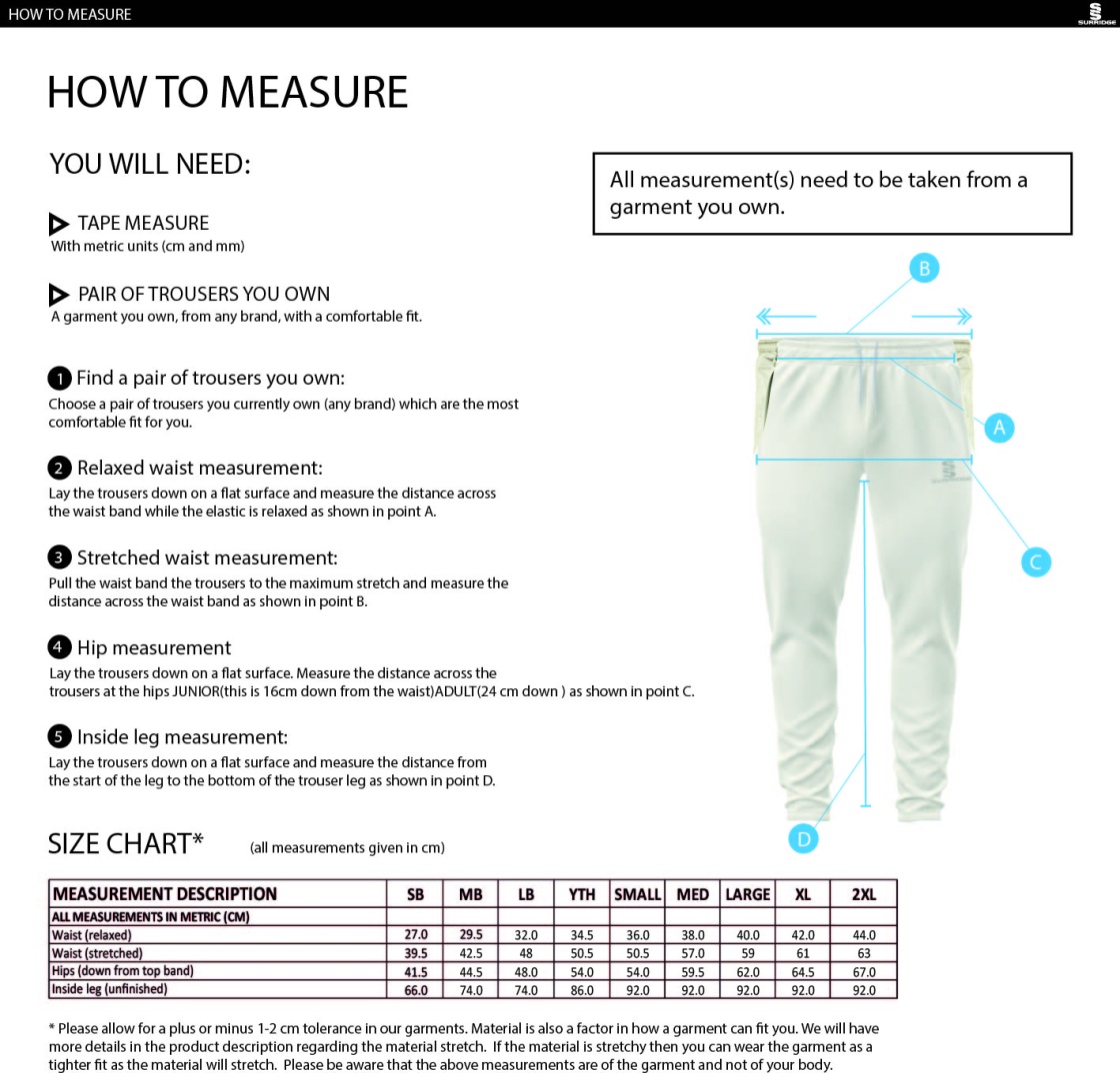 Rockcliffe CC - Tek Playing Pant - Size Guide