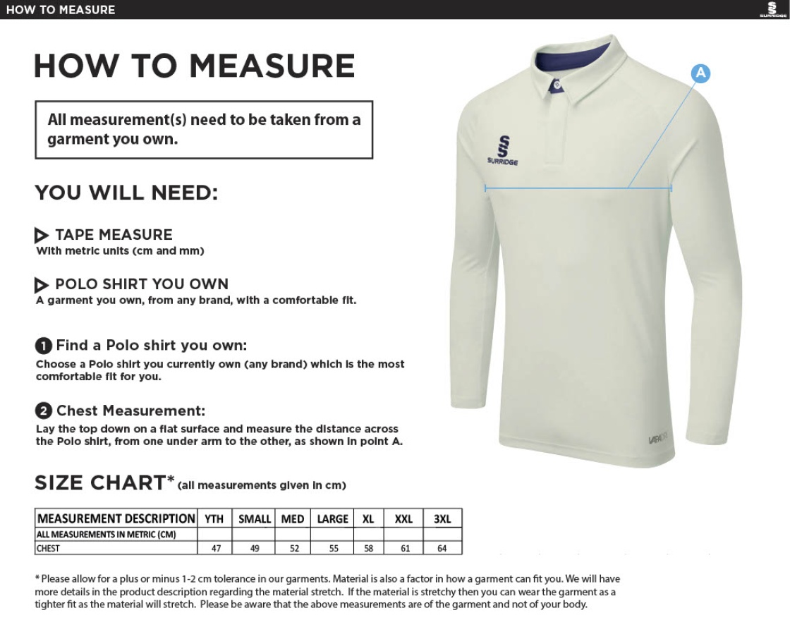Rockcliffe CC - Ergo Long Sleeve White Trim Shirt - Size Guide