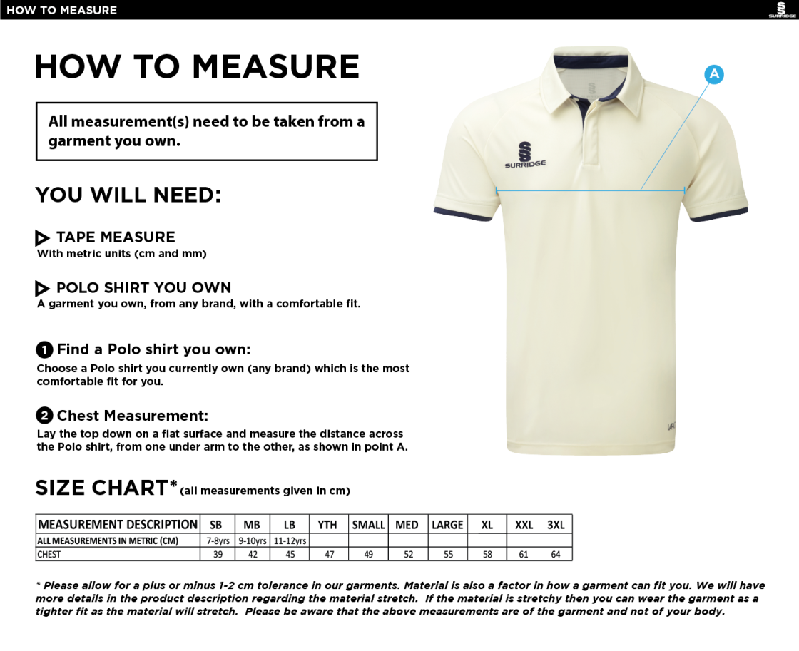 Rockcliffe CC - Ergo Short Sleeve White Trim Shirt - Size Guide