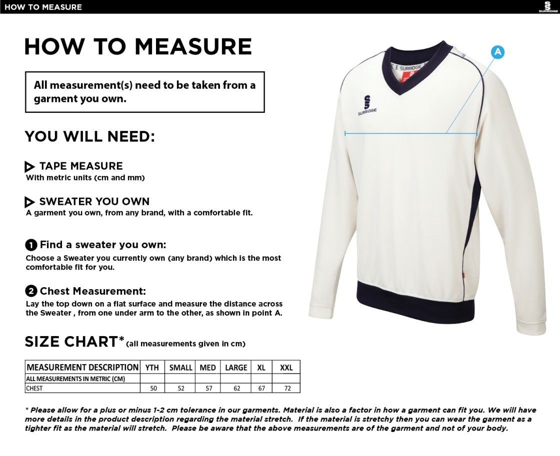 Rockcliffe CC - Long Sleeve Sweater White Trim - Size Guide