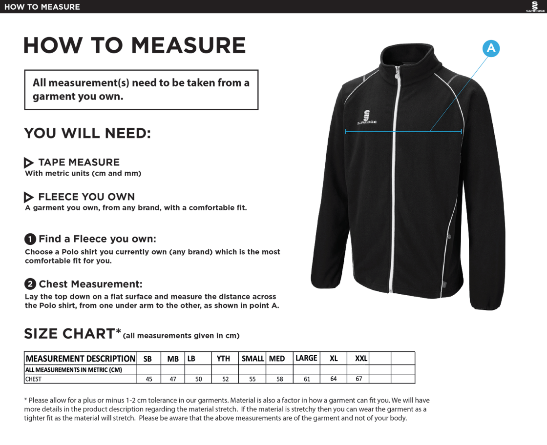 Rockcliffe CC - Curve Full Zip Fleece jacket - Size Guide