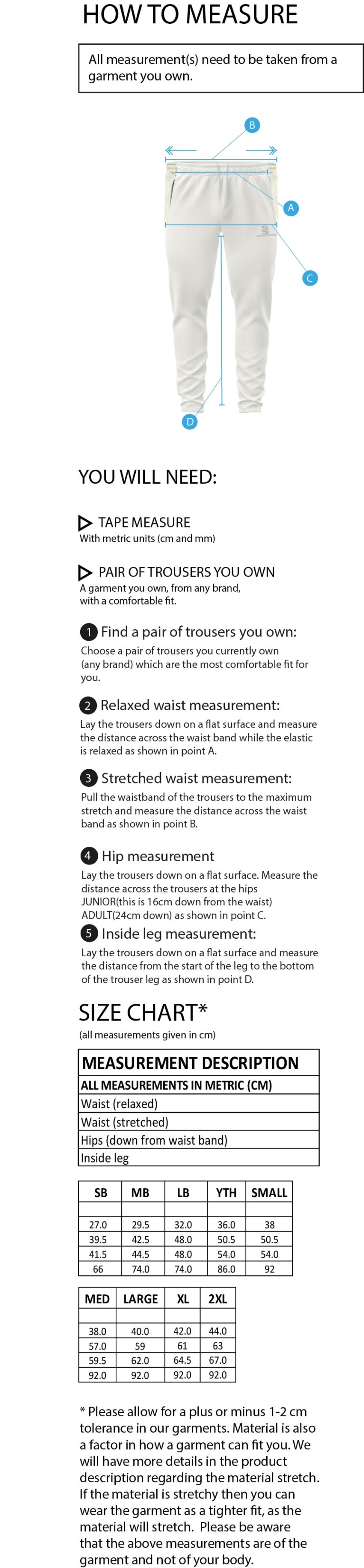 Rockcliffe CC - Tek Playing Pant - Size Guide