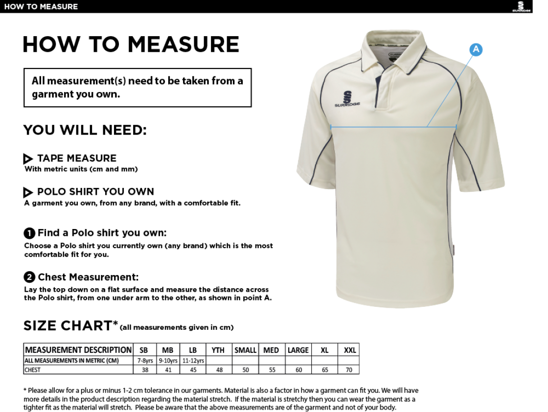 Rockcliffe CC - Premier 3/4 Sleeve White Trim Shirt - Size Guide
