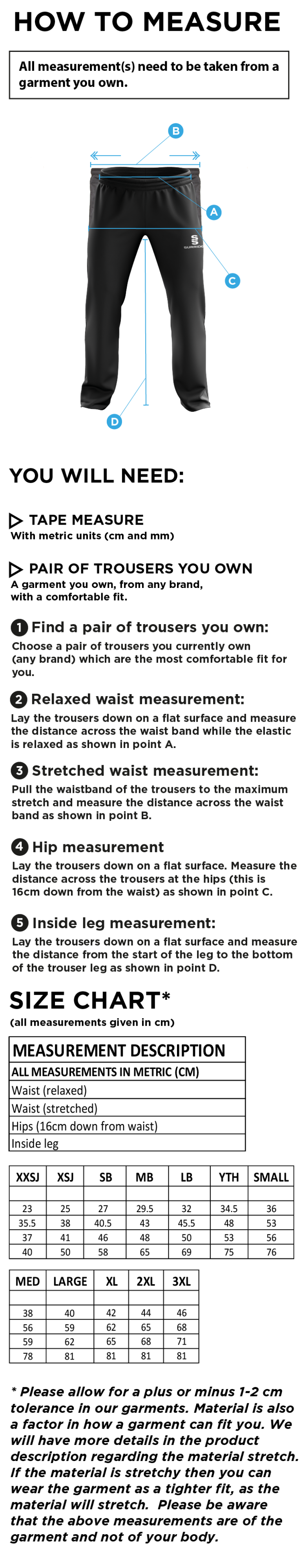 Rockcliffe CC - Poplin Track Pant - Size Guide