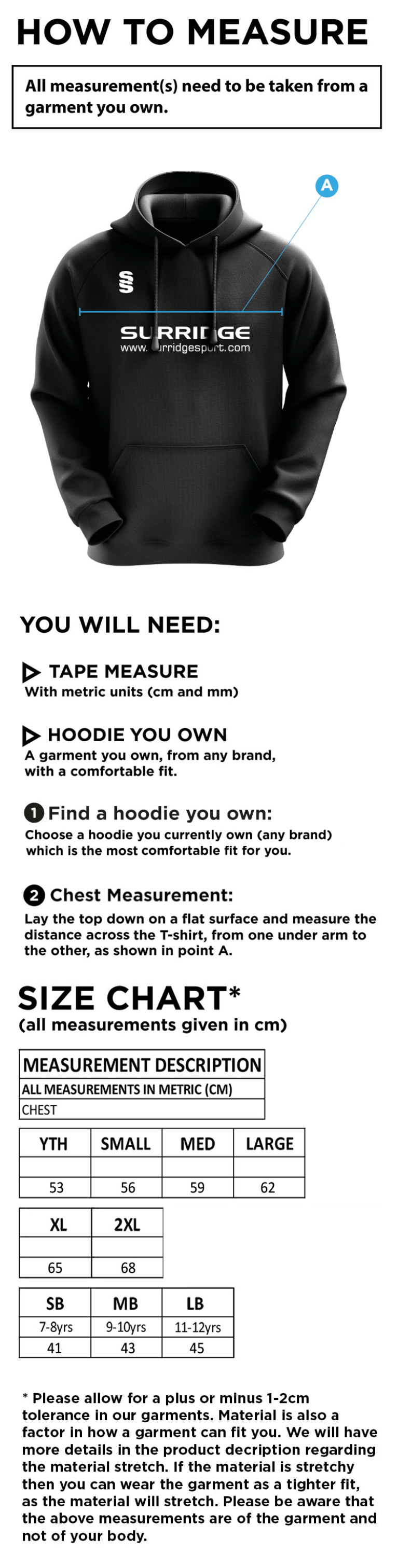 Rockcliffe CC - Blade Hoody - Size Guide