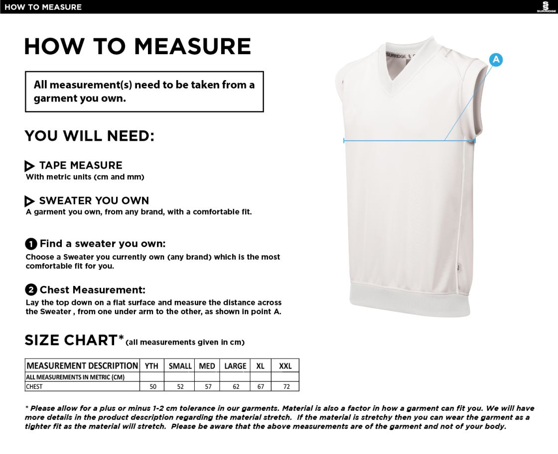 Rockcliffe CC - Sleeveless Sweater White Trim - Size Guide